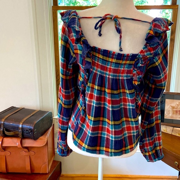 We the FREE  Womens Navy Plaid Long Sleeve
Square Neck Top Ruffle Sz XS. - Picture 5 of 8